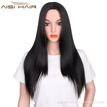 Good Quality Heat Resistant Fiber Wigs For Women Long Silky Straight Style Synthetic Black Color Wigs